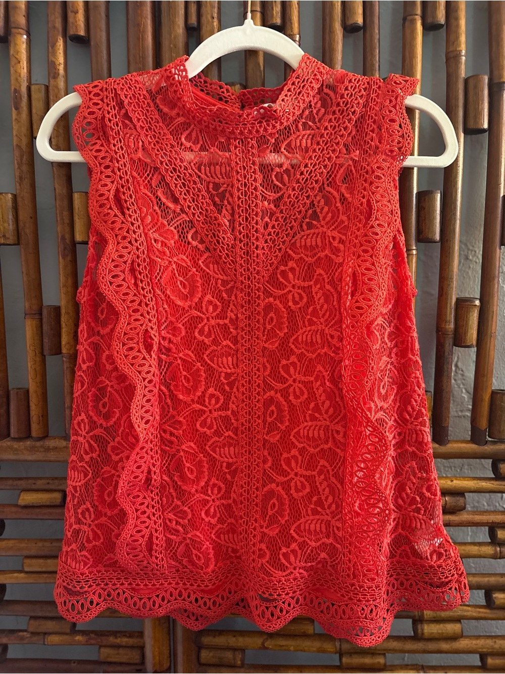 SZ M ADIVA RED LACE HIGH MOCK NECK RUFFLE BLOUSE